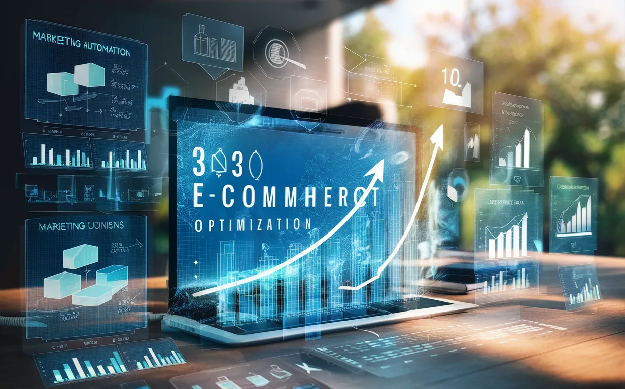 A futuristic digital workspace with holographic ecommerce analytics and conversion optimization graphics symbolizing increased sales and marketing automation.