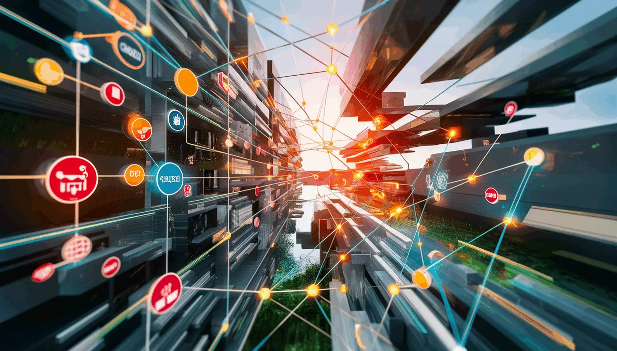 Realistic digital illustration showing a network web of interconnected online communities categorized by different interests, representing a curated platform for finding diverse online communities.