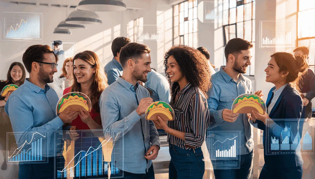 Modern office setting with team members sharing taco-shaped icons to symbolize workplace appreciation and improved team culture, illuminated by natural light.