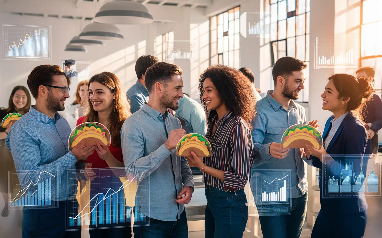 Modern office setting with team members sharing taco-shaped icons to symbolize workplace appreciation and improved team culture, illuminated by natural light.