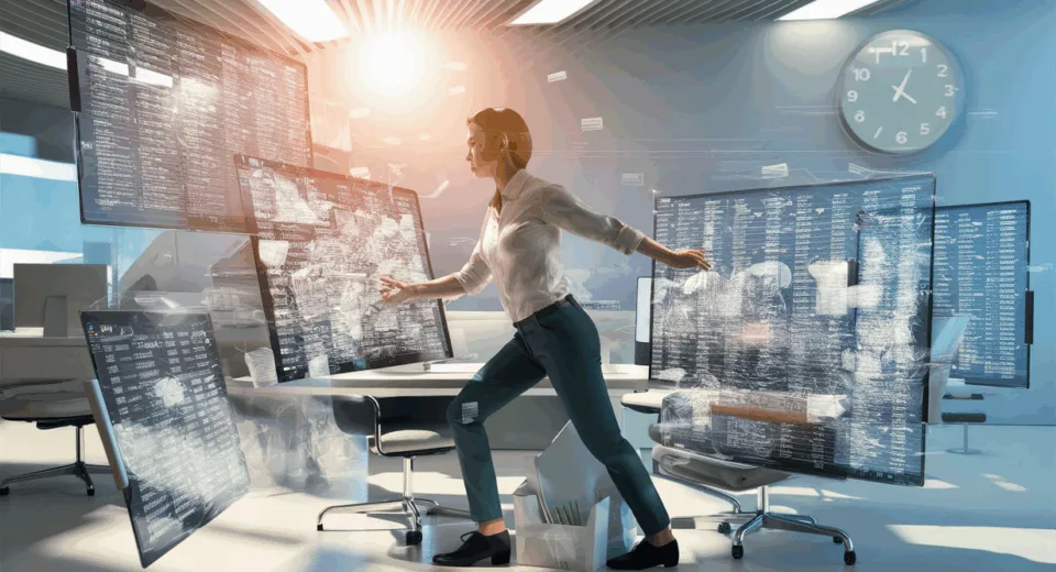 Realistic workspace scene with a professional managing multiple emails efficiently on futuristic digital screens, emphasizing productivity and time-saving in an IT business setting.