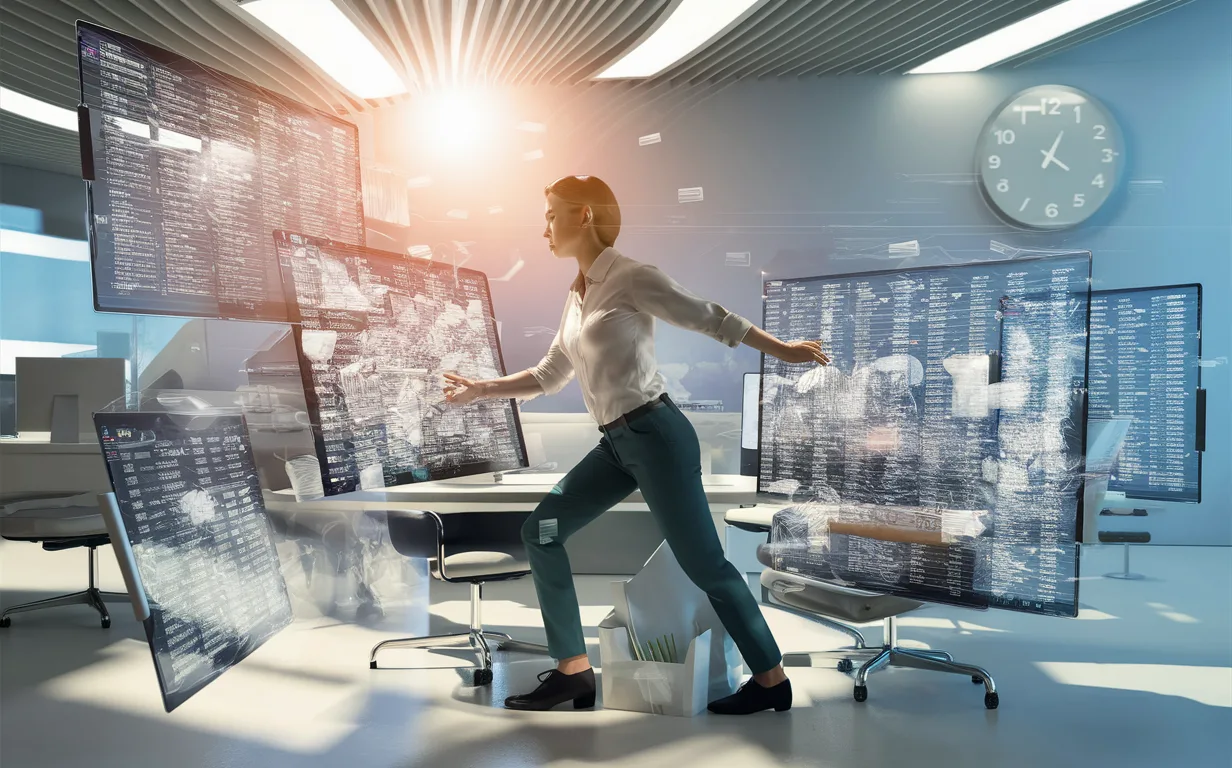 Realistic workspace scene with a professional managing multiple emails efficiently on futuristic digital screens, emphasizing productivity and time-saving in an IT business setting.