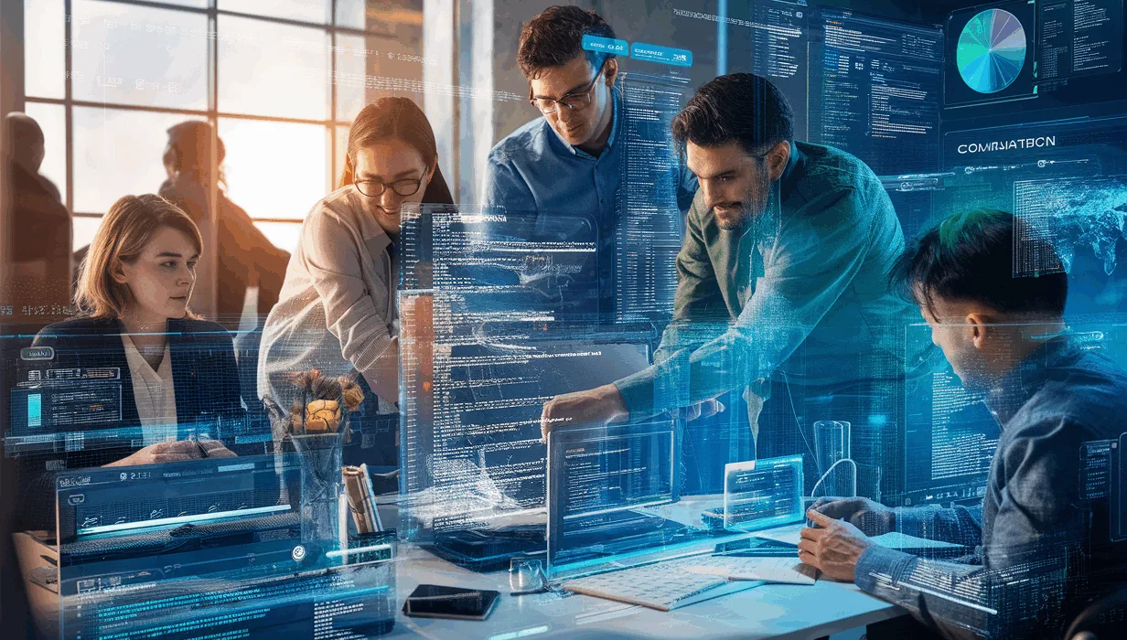 Realistic scene of a modern developer recruitment platform showing coding evaluations and candidate profiles on multiple screens, with professionals collaborating in a high-tech office environment.