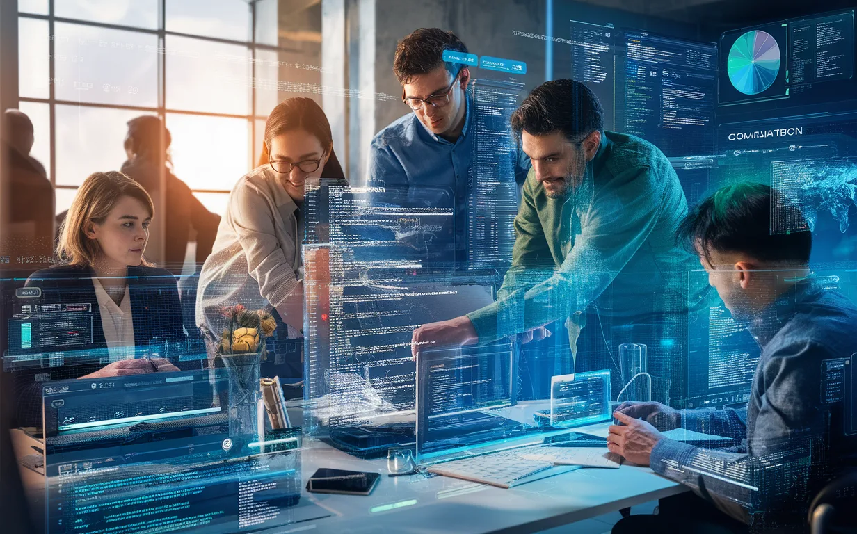 Realistic scene of a modern developer recruitment platform showing coding evaluations and candidate profiles on multiple screens, with professionals collaborating in a high-tech office environment.