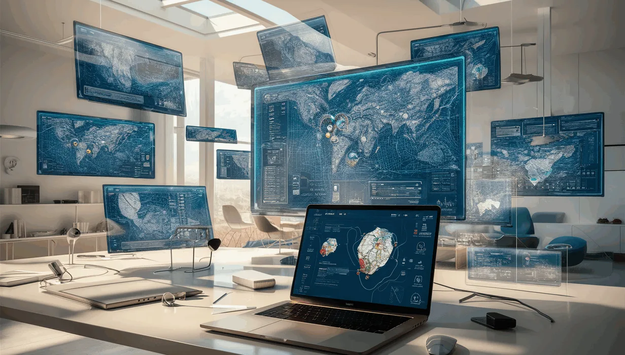 Realistic modern workspace with transparent digital maps floating, illustrating no-code map application development in a high-tech environment.