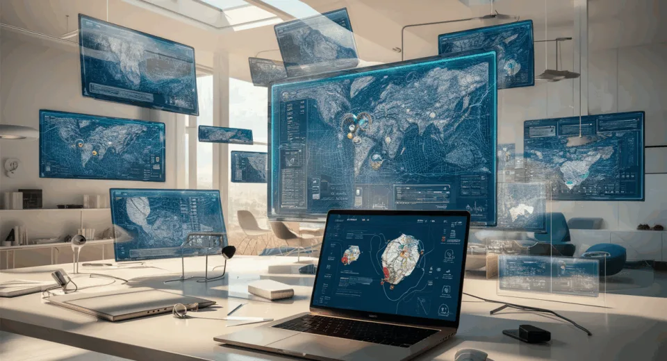 Realistic modern workspace with transparent digital maps floating, illustrating no-code map application development in a high-tech environment.