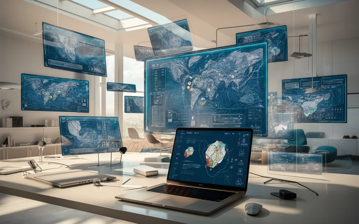 Realistic modern workspace with transparent digital maps floating, illustrating no-code map application development in a high-tech environment.