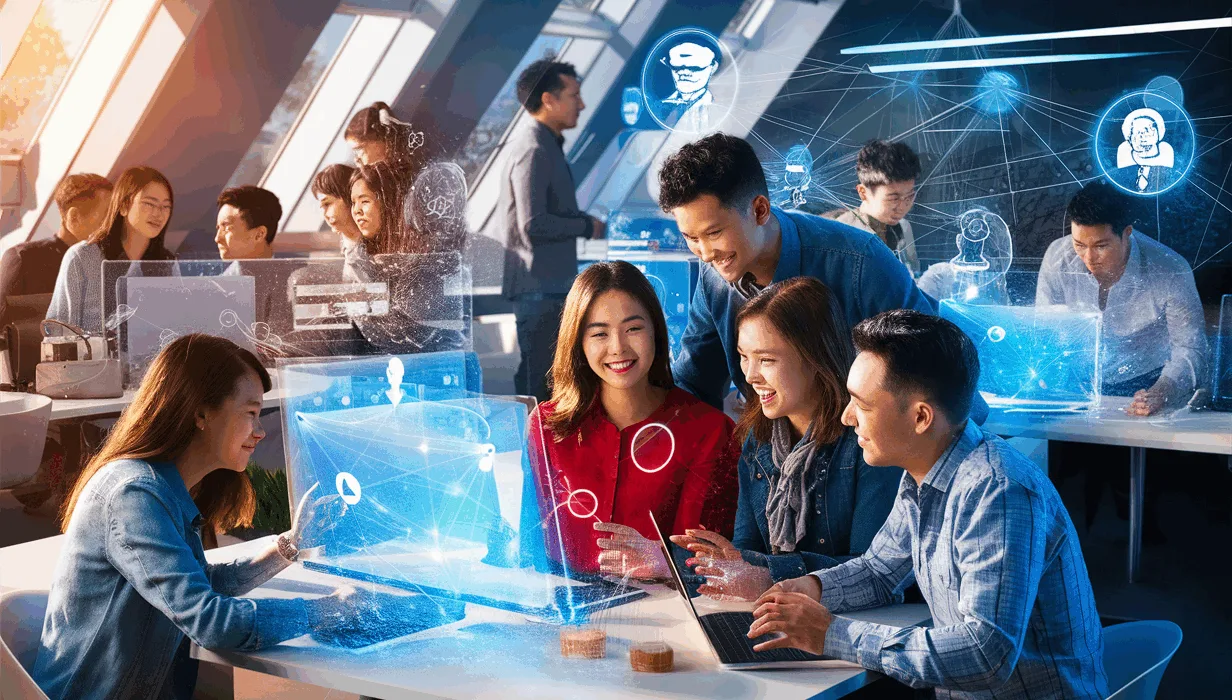Realistic 4K image of professionals collaborating digitally with holographic screens illustrating interconnected online community and knowledge sharing in a modern workspace.