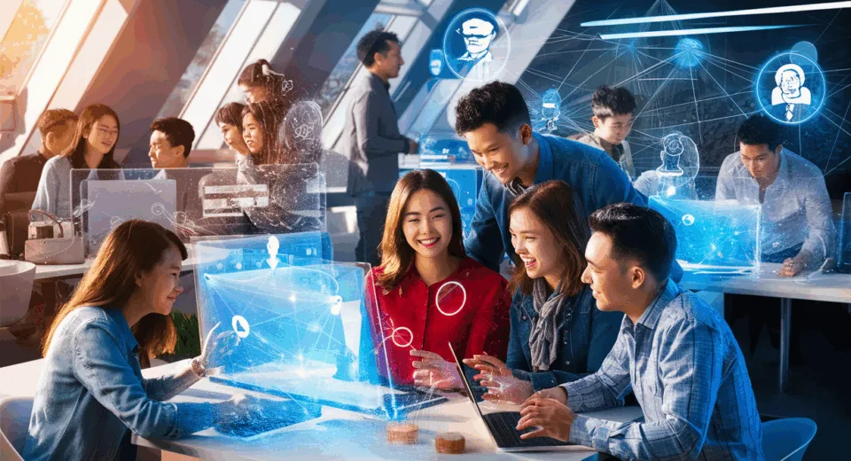 Realistic 4K image of professionals collaborating digitally with holographic screens illustrating interconnected online community and knowledge sharing in a modern workspace.