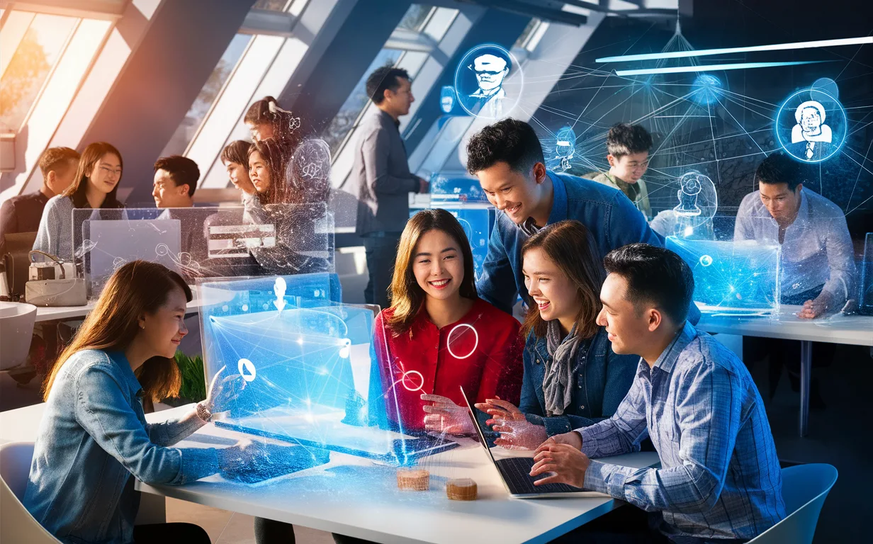 Realistic 4K image of professionals collaborating digitally with holographic screens illustrating interconnected online community and knowledge sharing in a modern workspace.
