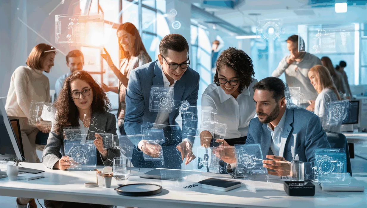 Realistic virtual office environment with remote team members collaborating via holographic interfaces in a bright modern workspace