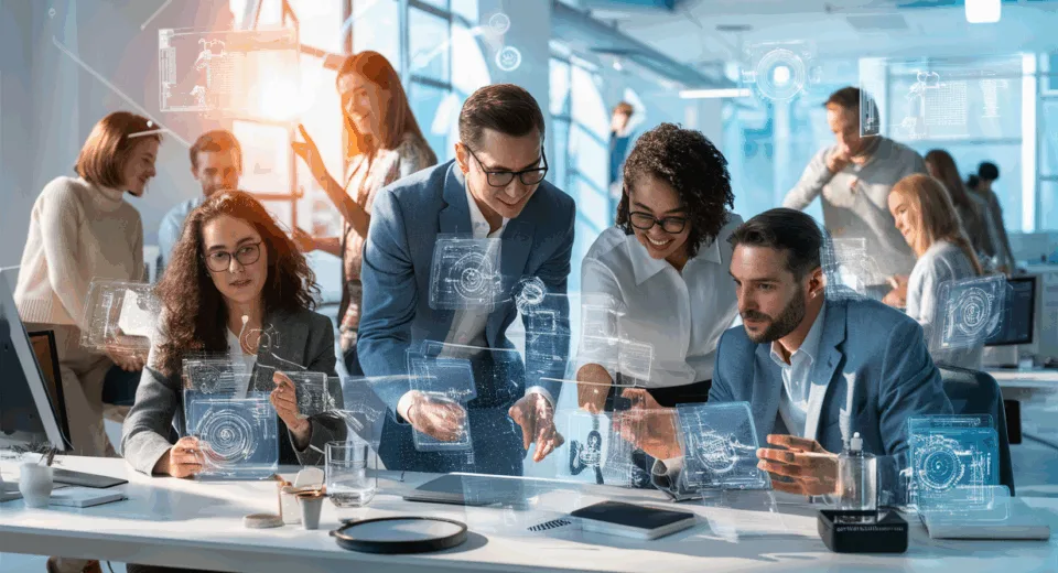 Realistic virtual office environment with remote team members collaborating via holographic interfaces in a bright modern workspace