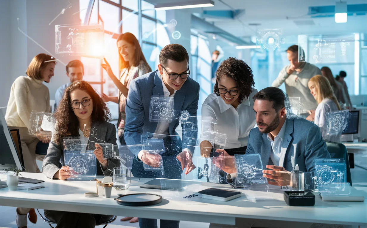 Realistic virtual office environment with remote team members collaborating via holographic interfaces in a bright modern workspace