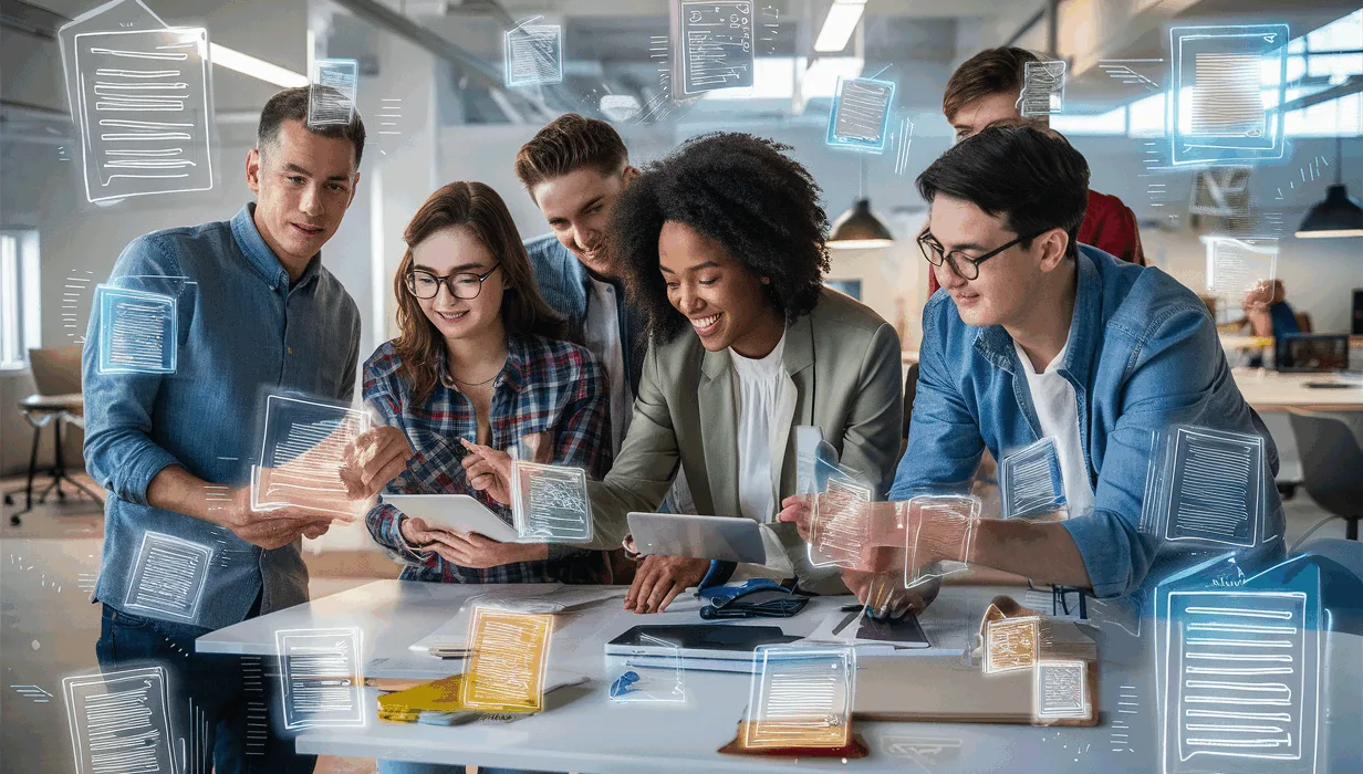 Modern office scene with young professionals collaborating on digital documents and notes, representing efficient team knowledge management and document collaboration.