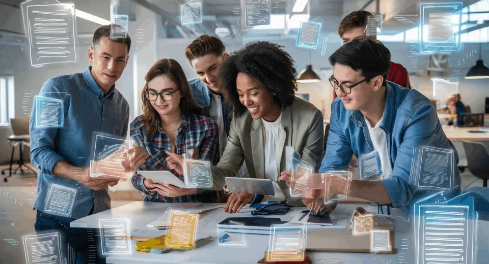 Modern office scene with young professionals collaborating on digital documents and notes, representing efficient team knowledge management and document collaboration.