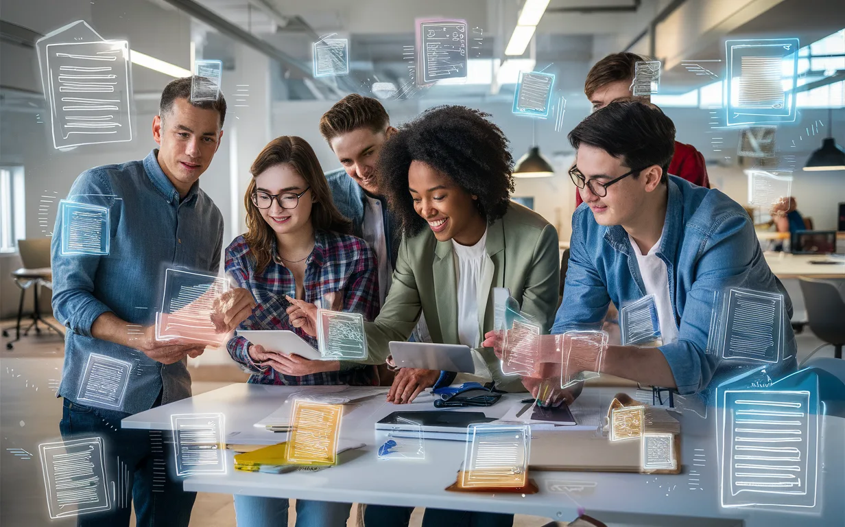 Modern office scene with young professionals collaborating on digital documents and notes, representing efficient team knowledge management and document collaboration.