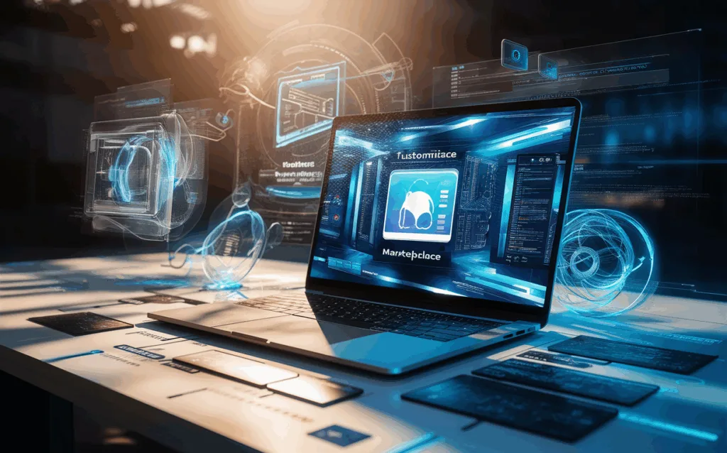 Realistic digital workspace showcasing a laptop with an abstract customizable online marketplace interface, illuminated by natural light with floating tech diagrams representing a no-code SaaS platform.