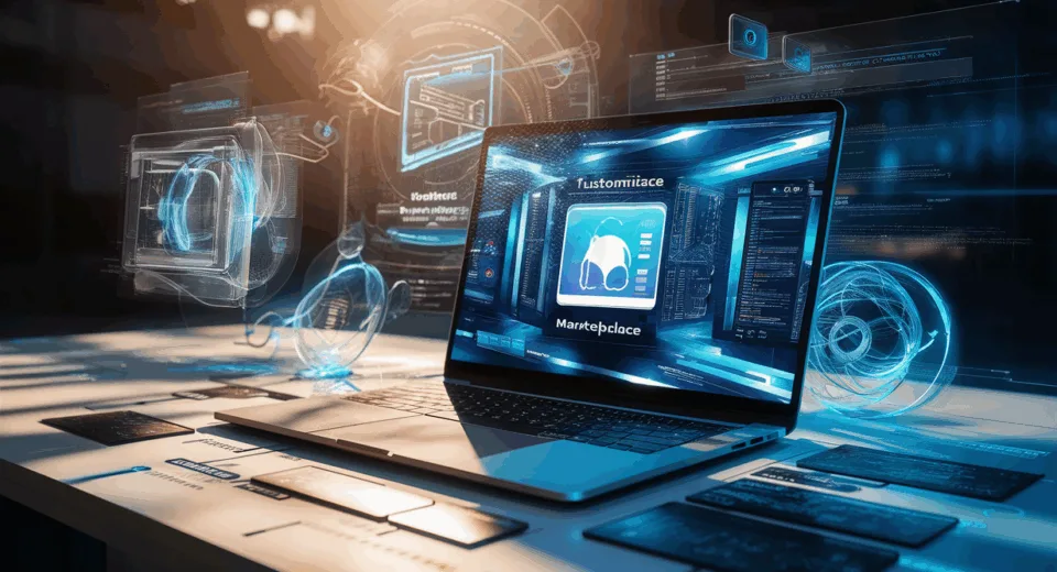 Realistic digital workspace showcasing a laptop with an abstract customizable online marketplace interface, illuminated by natural light with floating tech diagrams representing a no-code SaaS platform.