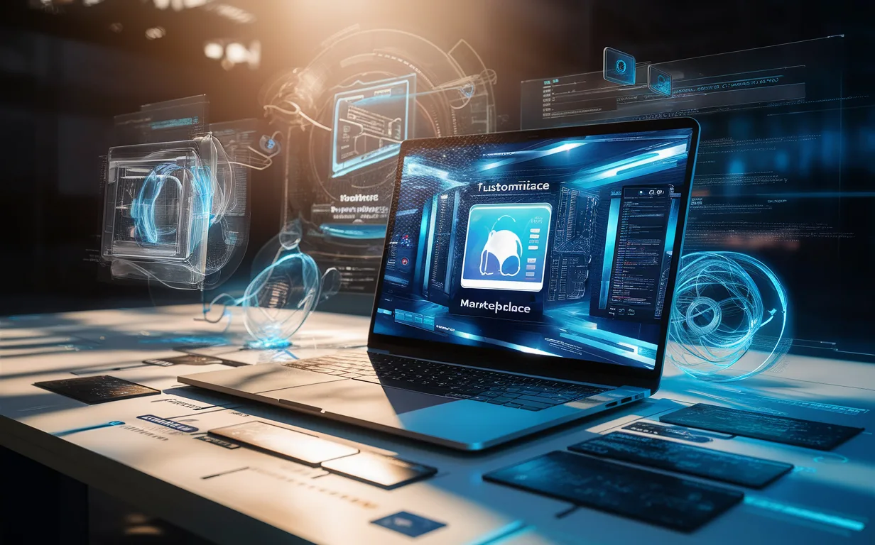 Realistic digital workspace showcasing a laptop with an abstract customizable online marketplace interface, illuminated by natural light with floating tech diagrams representing a no-code SaaS platform.