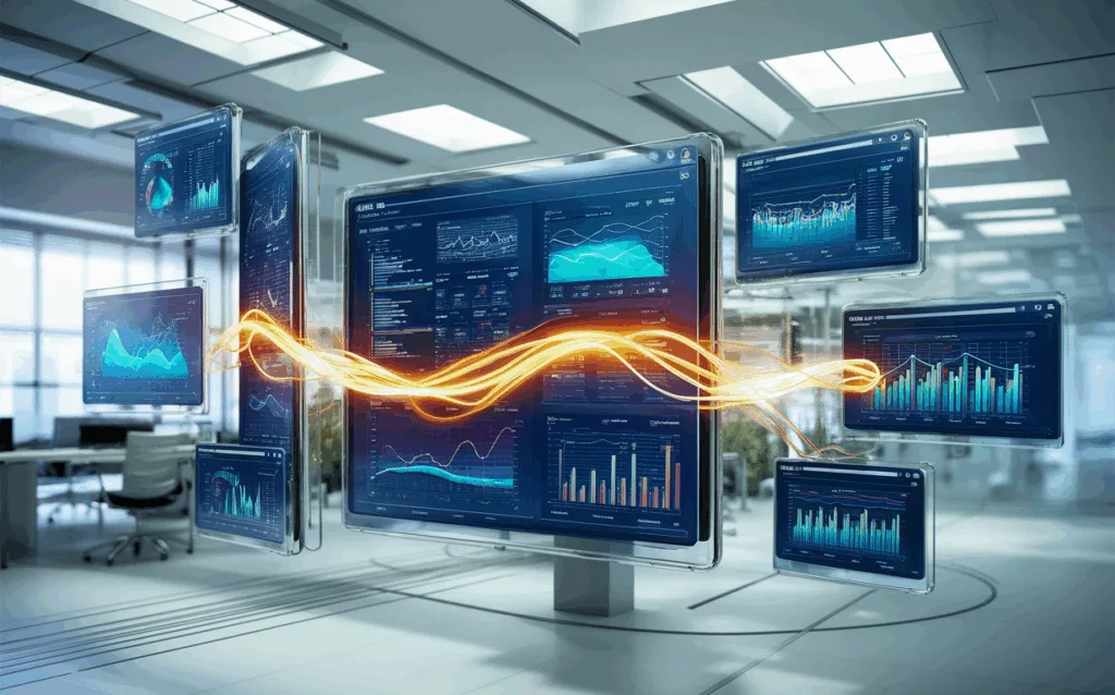 Realistic representation of a modern no-code data visualization dashboard with multiple connected data sources and dynamic charts in a bright tech workspace.