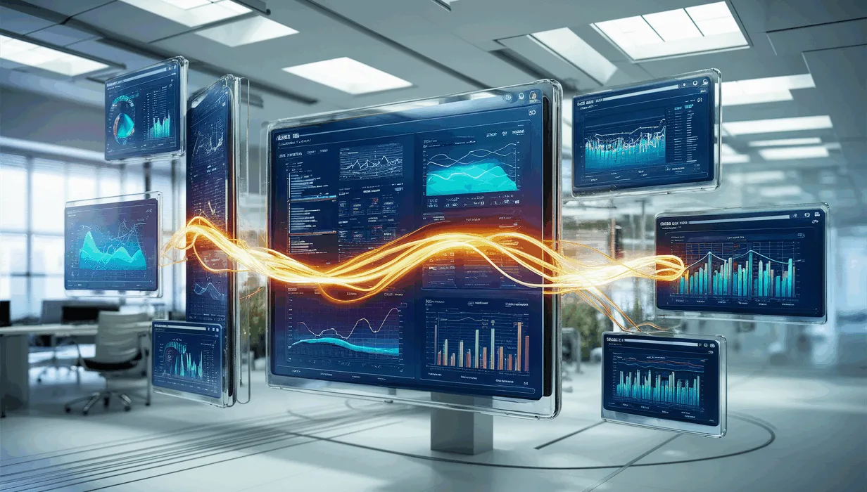 Realistic representation of a modern no-code data visualization dashboard with multiple connected data sources and dynamic charts in a bright tech workspace.