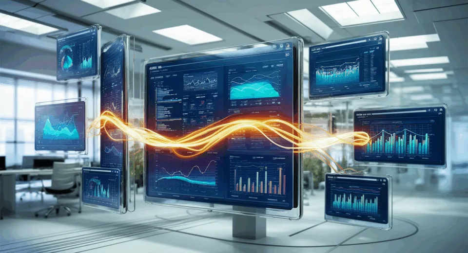Realistic representation of a modern no-code data visualization dashboard with multiple connected data sources and dynamic charts in a bright tech workspace.