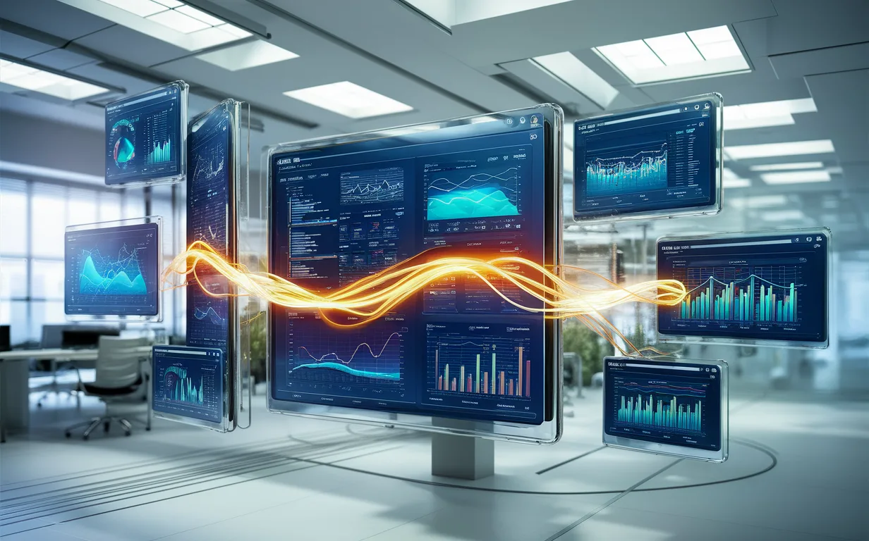 Realistic representation of a modern no-code data visualization dashboard with multiple connected data sources and dynamic charts in a bright tech workspace.