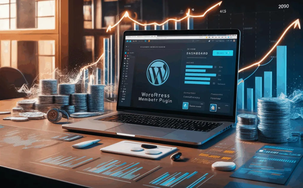 Modern workspace with laptop displaying a WordPress membership plugin dashboard surrounded by digital monetization symbols in natural light.
