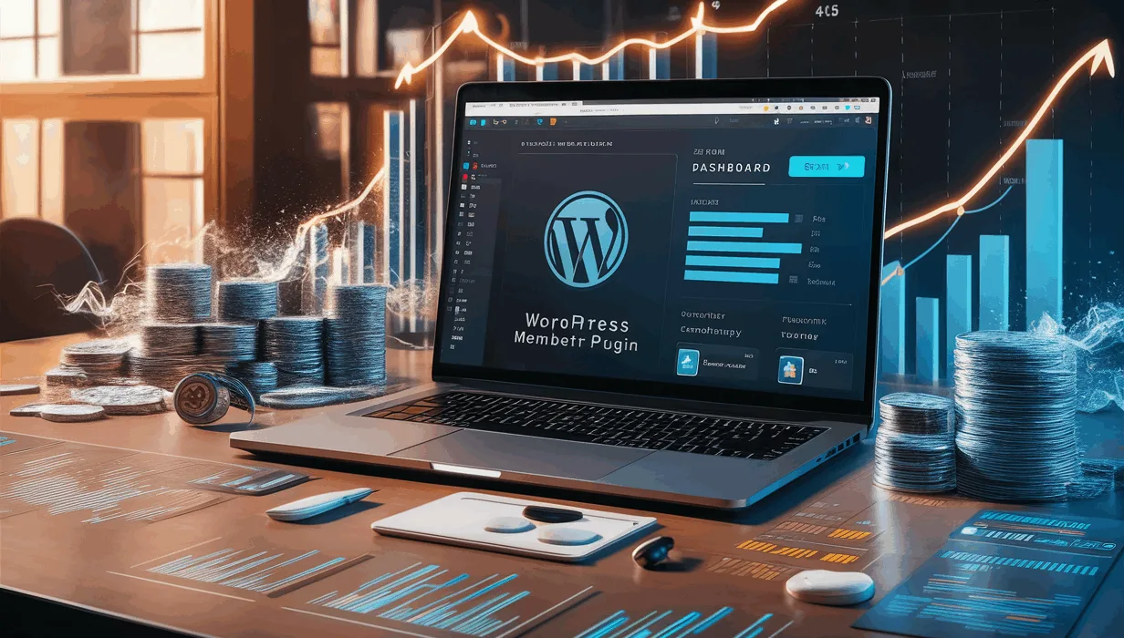 Modern workspace with laptop displaying a WordPress membership plugin dashboard surrounded by digital monetization symbols in natural light.