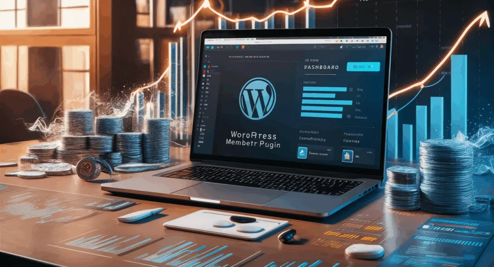 Modern workspace with laptop displaying a WordPress membership plugin dashboard surrounded by digital monetization symbols in natural light.