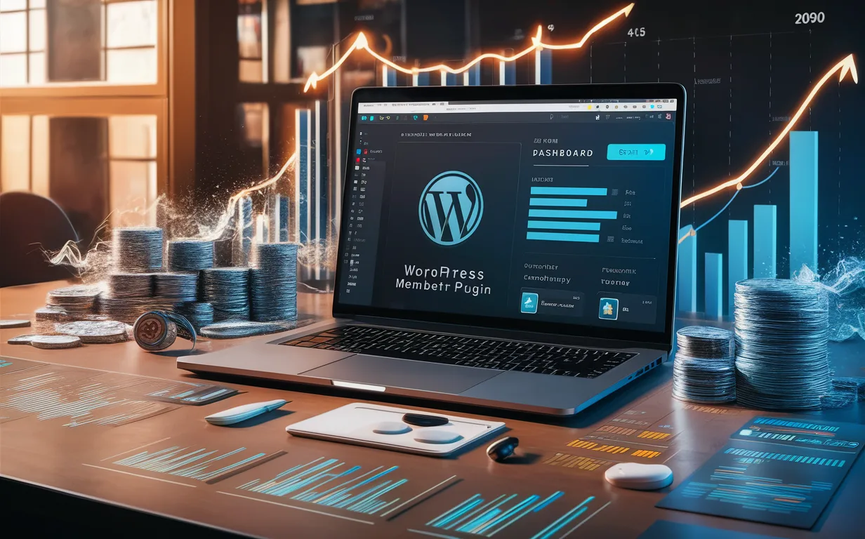 Modern workspace with laptop displaying a WordPress membership plugin dashboard surrounded by digital monetization symbols in natural light.
