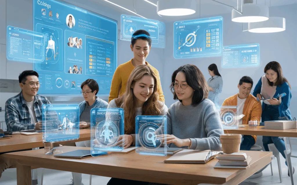 Futuristic AI education platform with young adults and parents interacting with transparent digital screens, symbolizing personalized college application coaching and career planning in a modern, well-lit study environment.