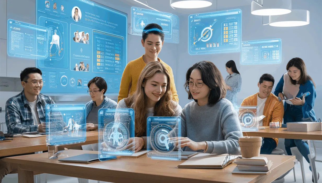 Futuristic AI education platform with young adults and parents interacting with transparent digital screens, symbolizing personalized college application coaching and career planning in a modern, well-lit study environment.