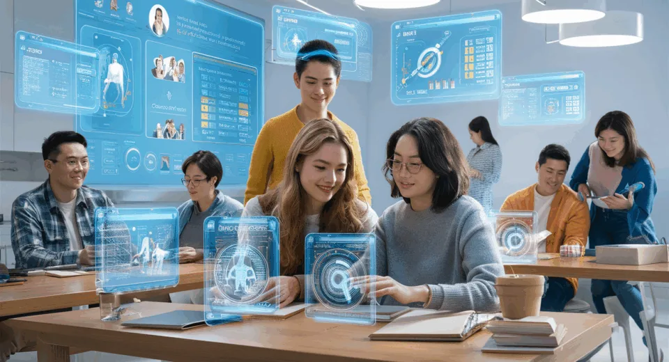 Futuristic AI education platform with young adults and parents interacting with transparent digital screens, symbolizing personalized college application coaching and career planning in a modern, well-lit study environment.