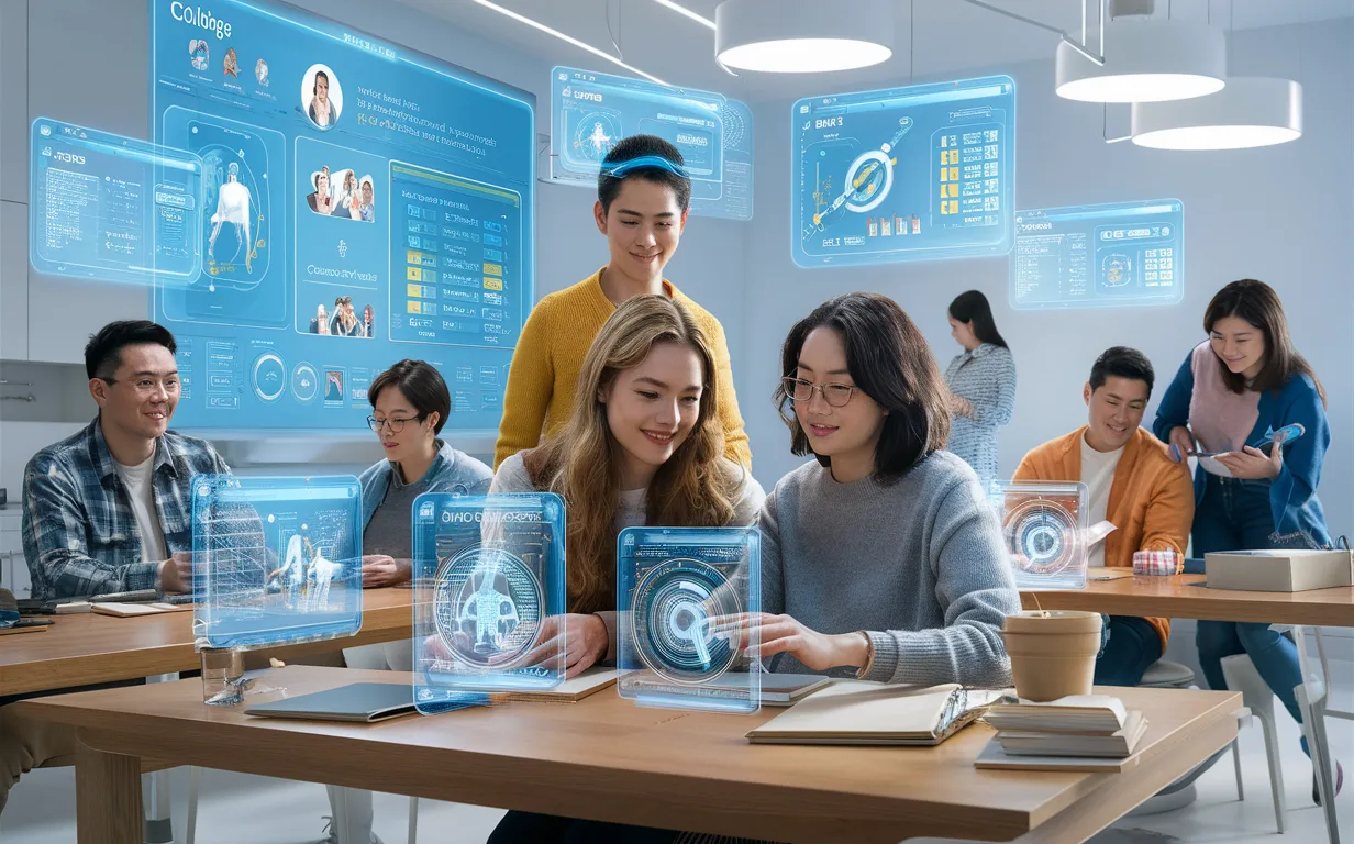 Futuristic AI education platform with young adults and parents interacting with transparent digital screens, symbolizing personalized college application coaching and career planning in a modern, well-lit study environment.