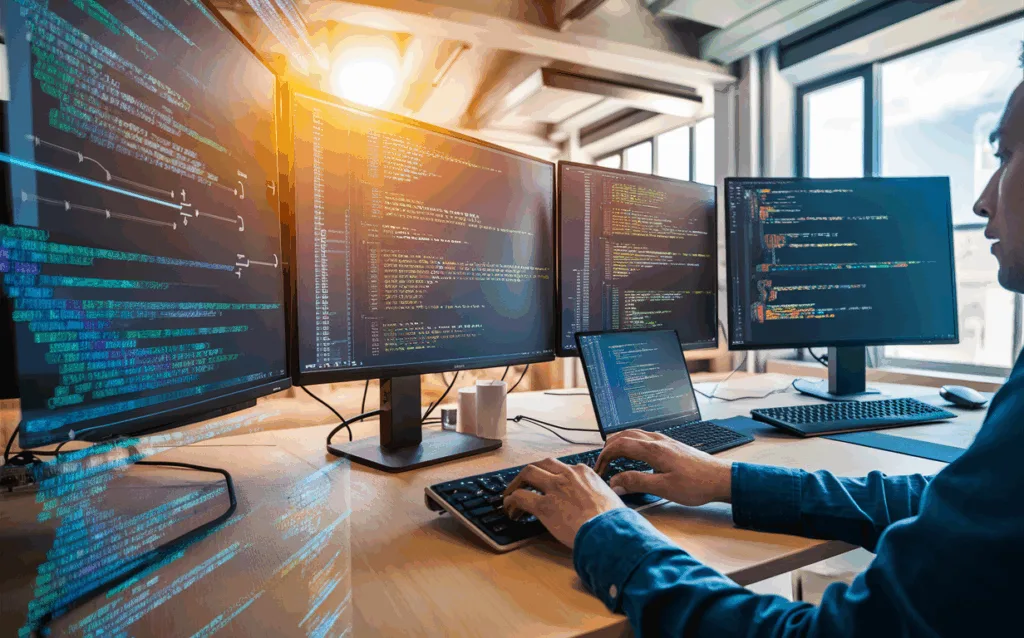 Modern software development workspace with multiple monitors showing code and flow diagrams, depicting fast and efficient code prototyping under natural daylight.