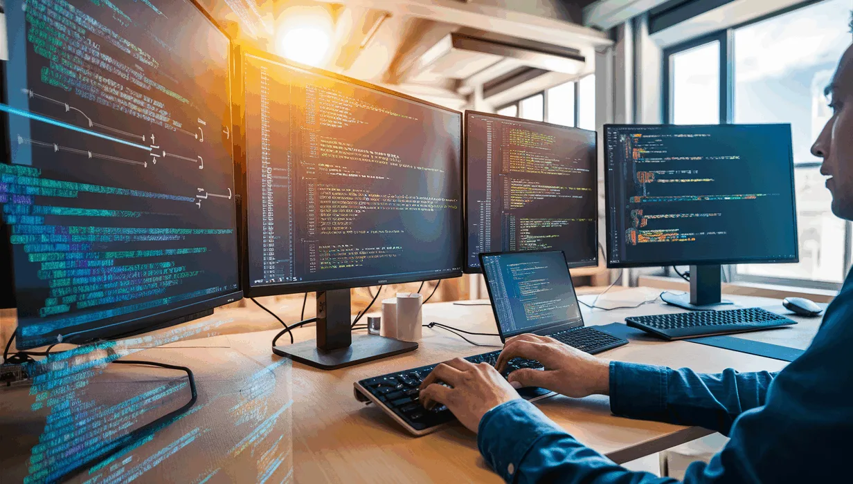 Modern software development workspace with multiple monitors showing code and flow diagrams, depicting fast and efficient code prototyping under natural daylight.