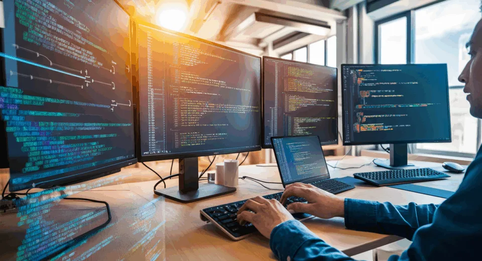 Modern software development workspace with multiple monitors showing code and flow diagrams, depicting fast and efficient code prototyping under natural daylight.