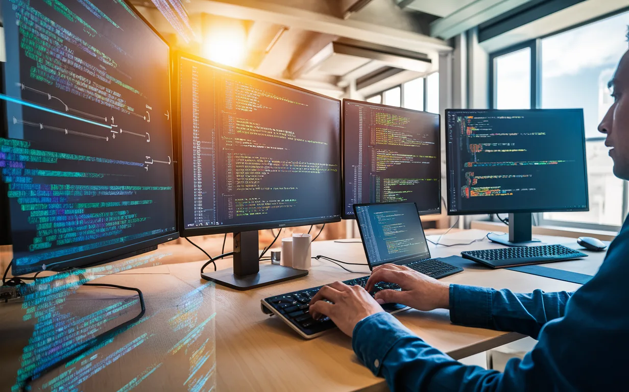 Modern software development workspace with multiple monitors showing code and flow diagrams, depicting fast and efficient code prototyping under natural daylight.