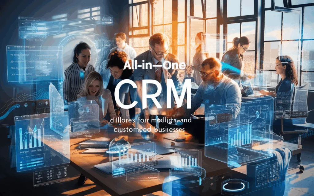 A modern office with professionals interacting with holographic CRM interfaces showing integrated marketing, sales, and customer service workflows in a bright, realistic setting.