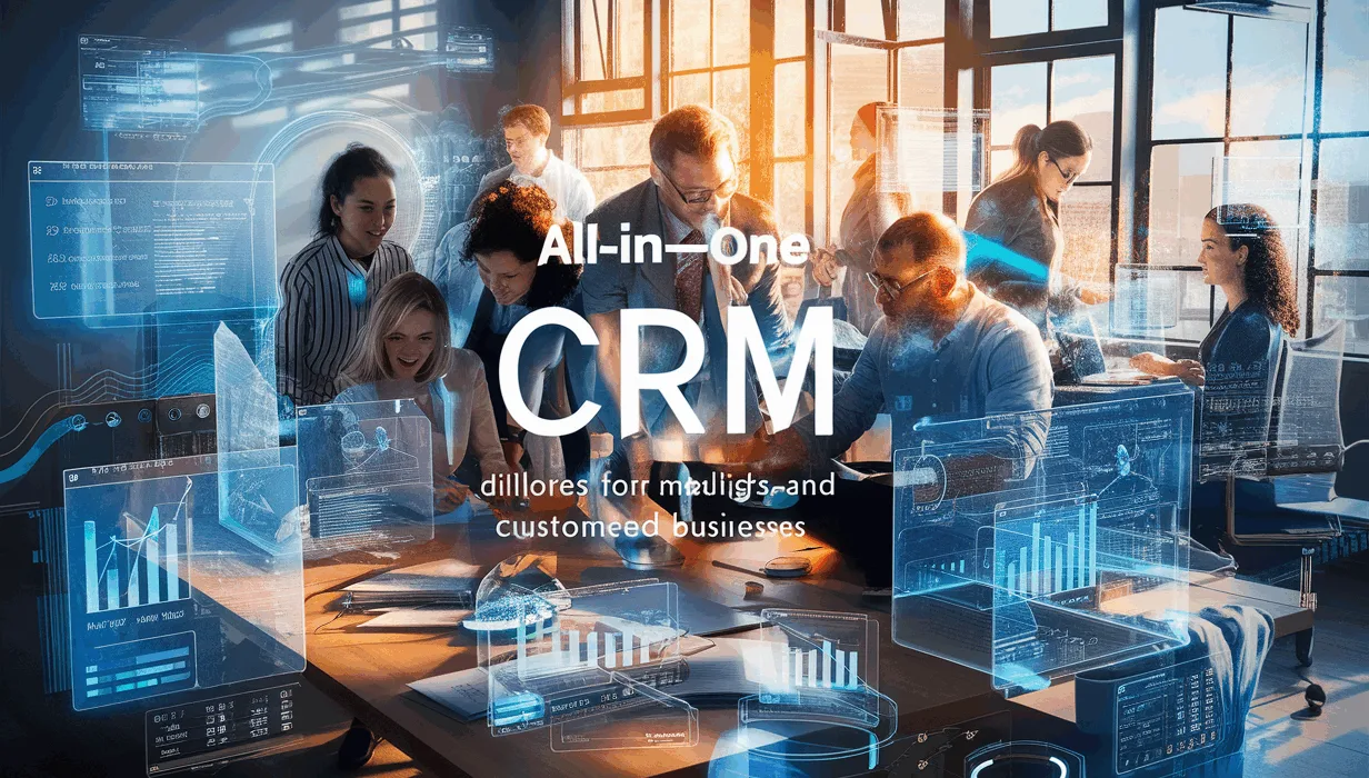 A modern office with professionals interacting with holographic CRM interfaces showing integrated marketing, sales, and customer service workflows in a bright, realistic setting.