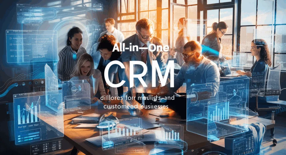 A modern office with professionals interacting with holographic CRM interfaces showing integrated marketing, sales, and customer service workflows in a bright, realistic setting.