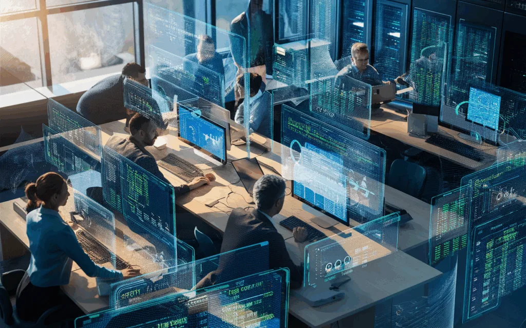 Realistic 4K image of developers and IT professionals monitoring systems with holographic data screens illustrating cron jobs, API, and website monitoring in a high-tech environment.