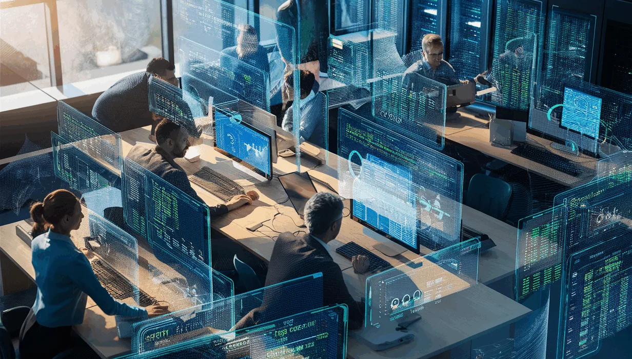 Realistic 4K image of developers and IT professionals monitoring systems with holographic data screens illustrating cron jobs, API, and website monitoring in a high-tech environment.