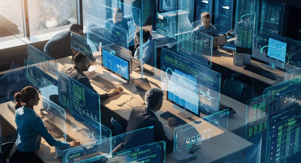 Realistic 4K image of developers and IT professionals monitoring systems with holographic data screens illustrating cron jobs, API, and website monitoring in a high-tech environment.