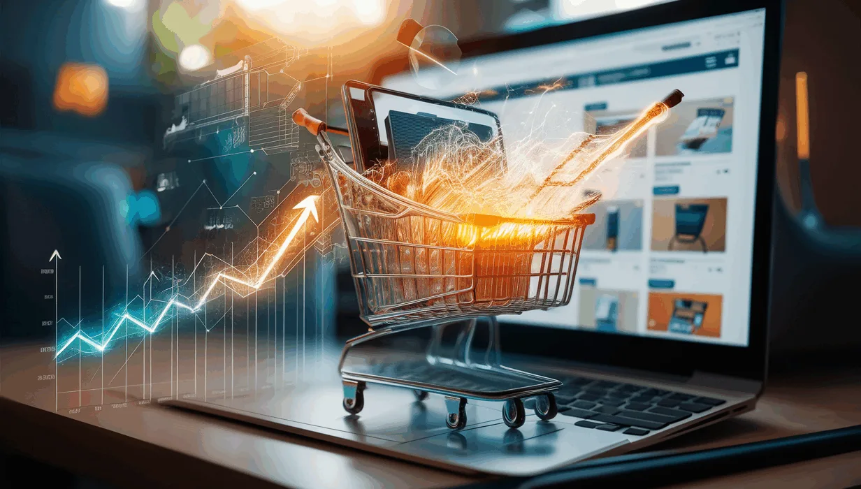 Realistic digital shopping cart with data flow and growth graphs symbolizing e-commerce cart abandonment recovery and sales improvement.