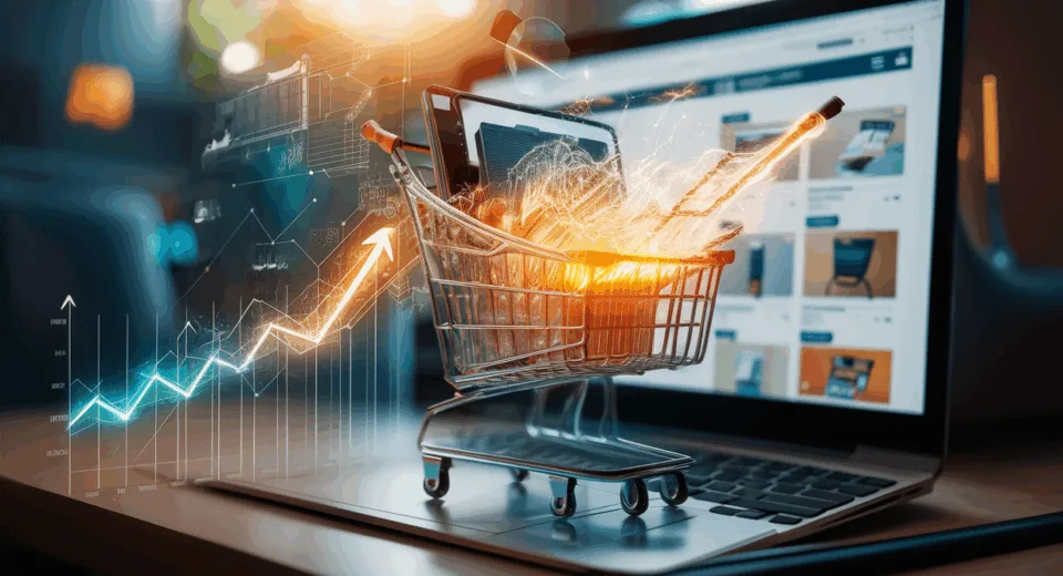 Realistic digital shopping cart with data flow and growth graphs symbolizing e-commerce cart abandonment recovery and sales improvement.