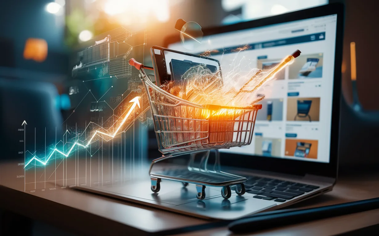 Realistic digital shopping cart with data flow and growth graphs symbolizing e-commerce cart abandonment recovery and sales improvement.