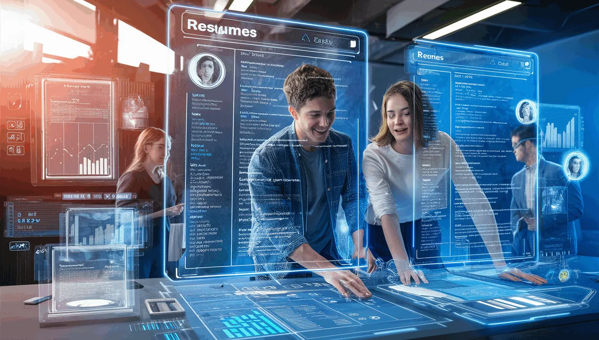 Realistic depiction of an AI-powered job application optimization platform with holographic resume screens and young professionals in a modern tech workspace.