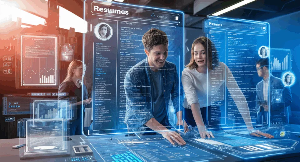 Realistic depiction of an AI-powered job application optimization platform with holographic resume screens and young professionals in a modern tech workspace.